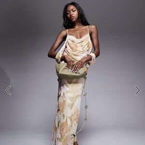 ASOS DESIGN Mesh draped Bardot Midi dress with Flower Trim